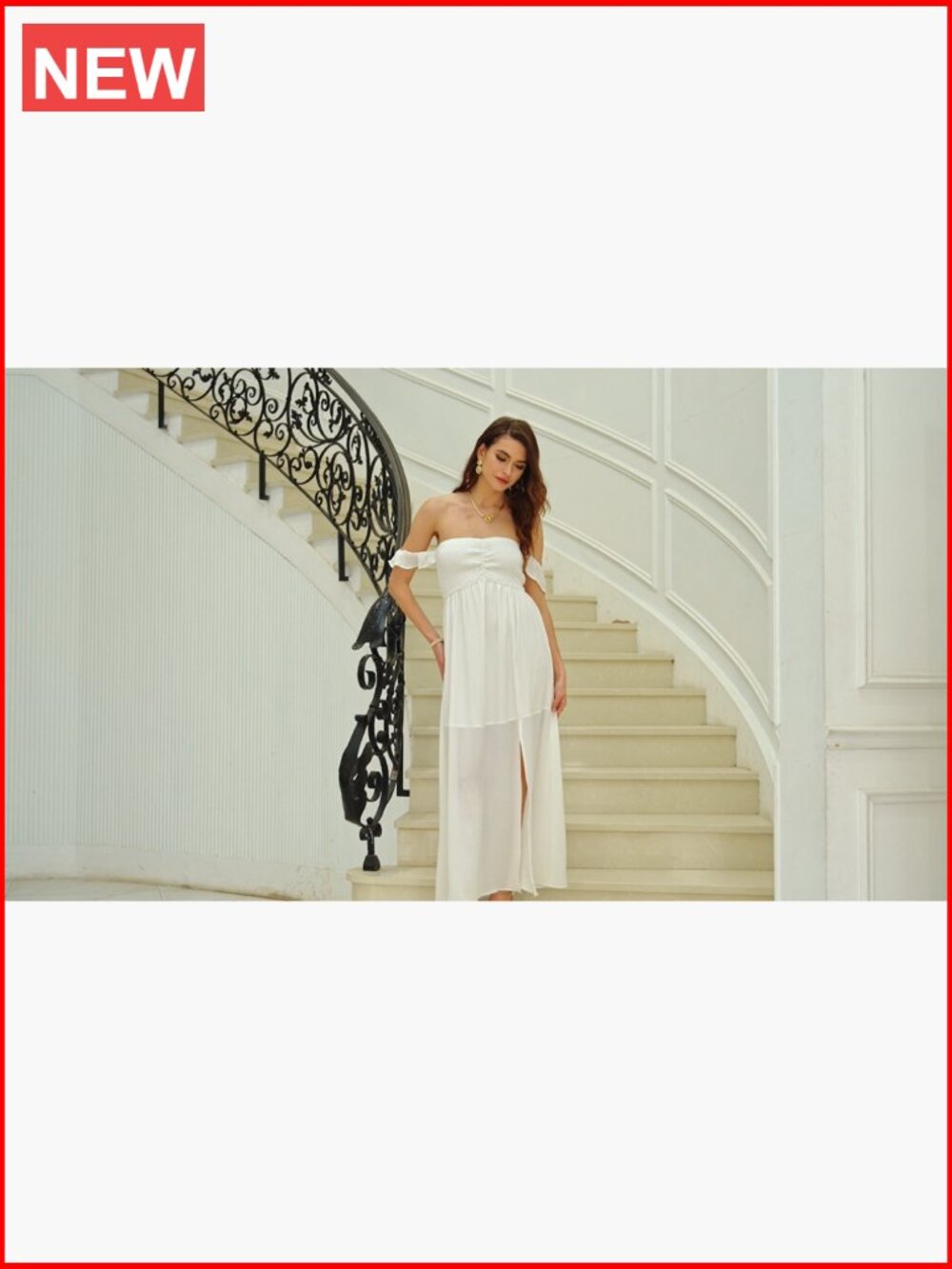 Smocked Off Shoulder Ruffle Maxi Dress Side Slit - Picture 7 of 7